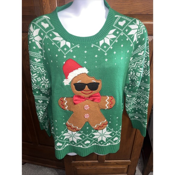 Absolutely Famous Sz 3x Green Not Ugly Christmas Sweater Gingerbread Man - Picture 1 of 7